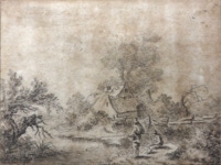 Door De Riemkap gerestaureerde tekening in inkt op papier.