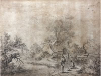 Door De Riemkap gerestaureerde tekening in inkt op papier.