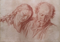 Door De Riemkap gerestaureerde tekening op rood krijt op papier.