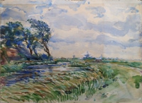 Door De Riemkap gerestaureerde aquarel op papier.