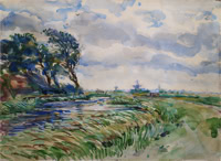 Door De Riemkap gerestaureerde aquarel op papier.