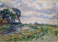 Door De Riemkap gerestaureerde aquarel op papier.