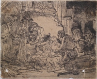 Door De Riemkap gerestaureerde ets op papier.