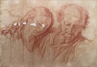 Door De Riemkap gerestaureerde tekening op rood krijt op papier.